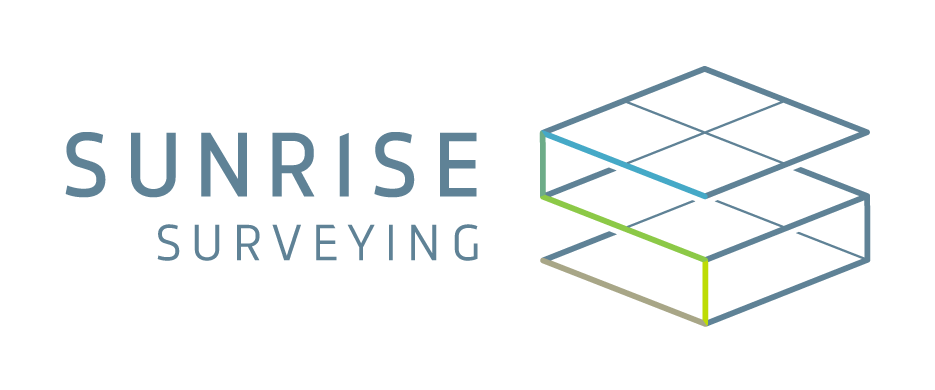 Sunrise Surveying logo with geometric S shape and modern text on a light background.